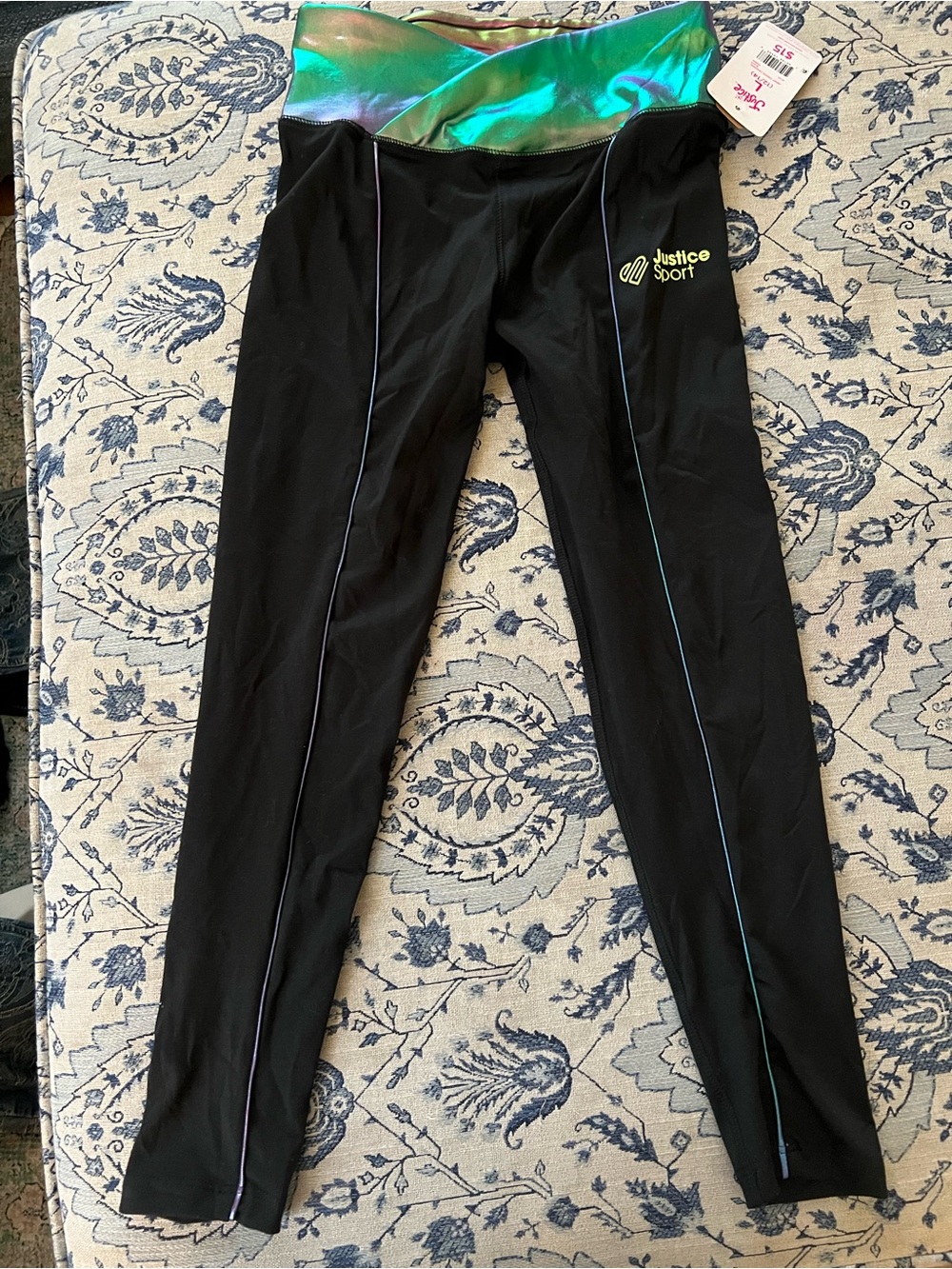 Justice “Justice Sport” black leggings w shiny iridescent cross waistband Large